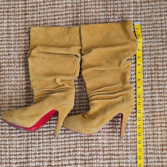 CHRISTIAN LOUBOUTIN Yellow Suede Mid-Calf Ruched Stiletto Round Toe Boots 38 - Picture 10 of 10